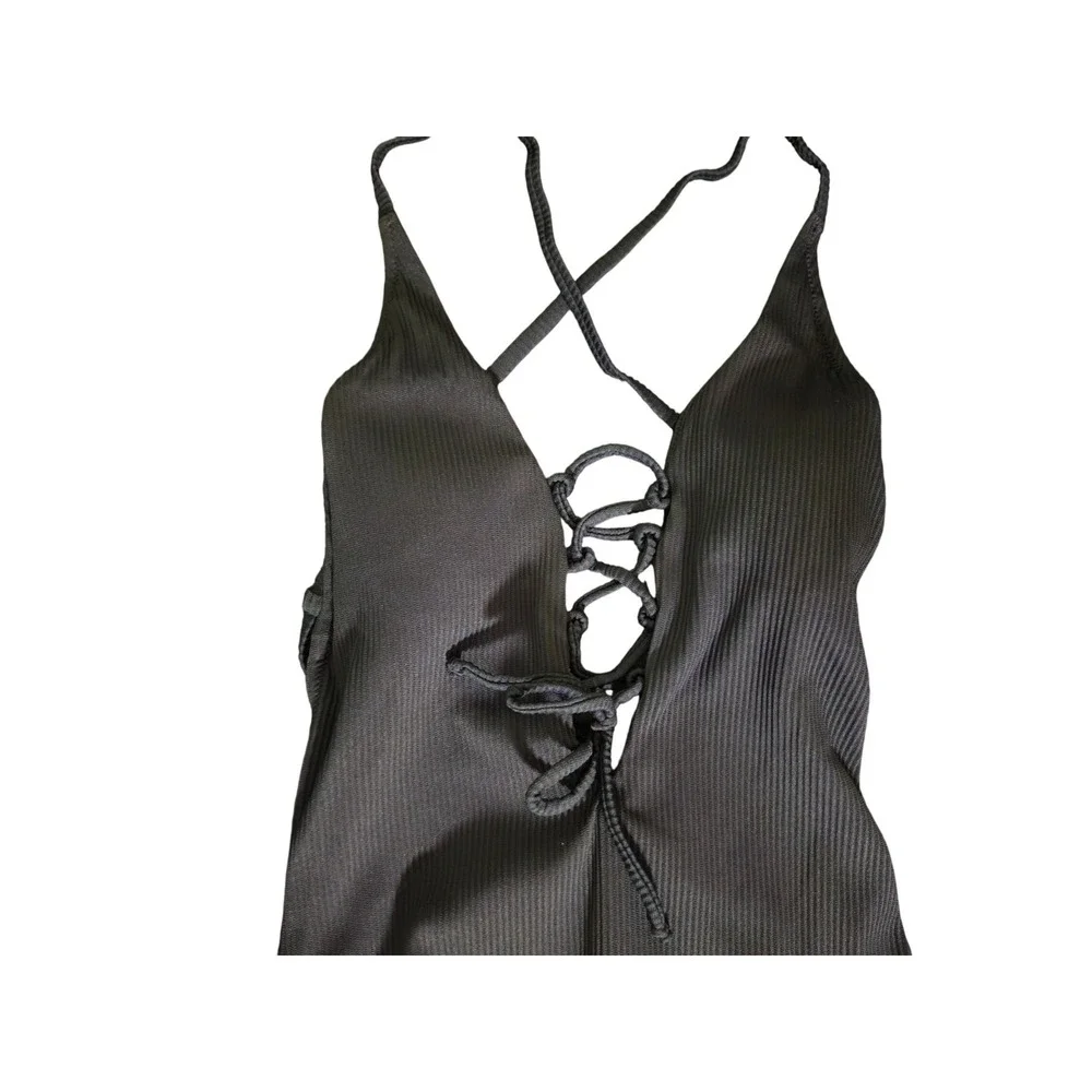 Cupshe‎ Women's Black Ribbed Lace Up One Piece Swimsuit XS NEW